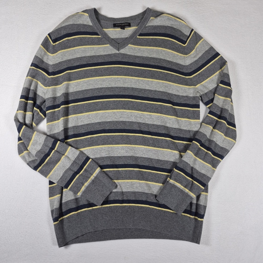 Banana Republic Sweater Men's Large Gray Striped 100% Cotton V-Neck Long Sleeve